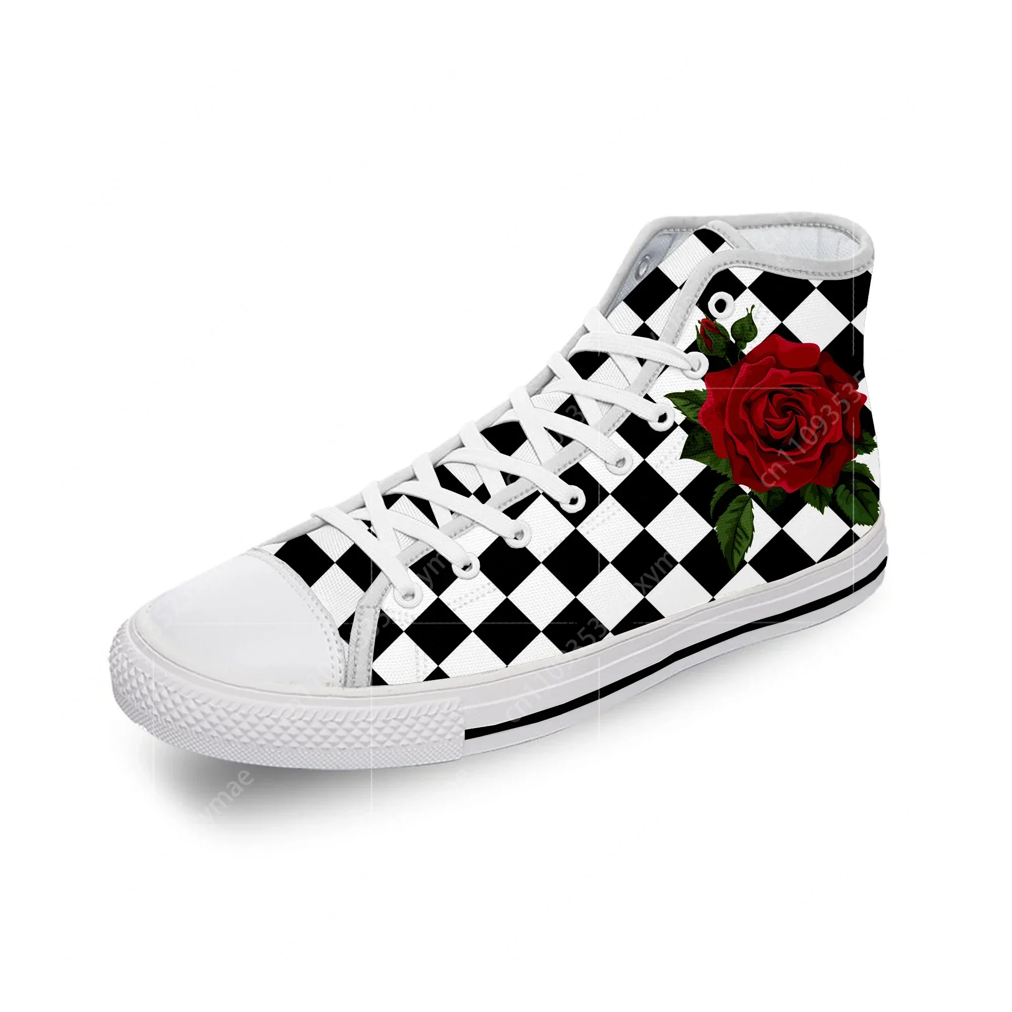 Men'S Shoes Black And White - Black And White Squares Rose Flower